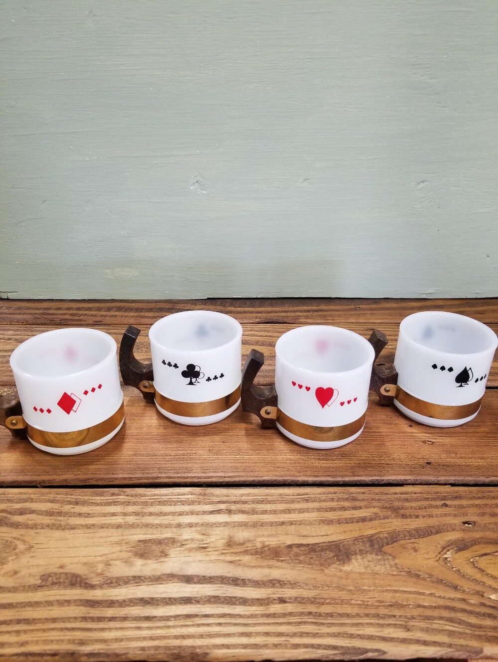 Vintage Siesta Ware Set 4 Milk Glass Coffee Mugs Cups Playing Card Poker